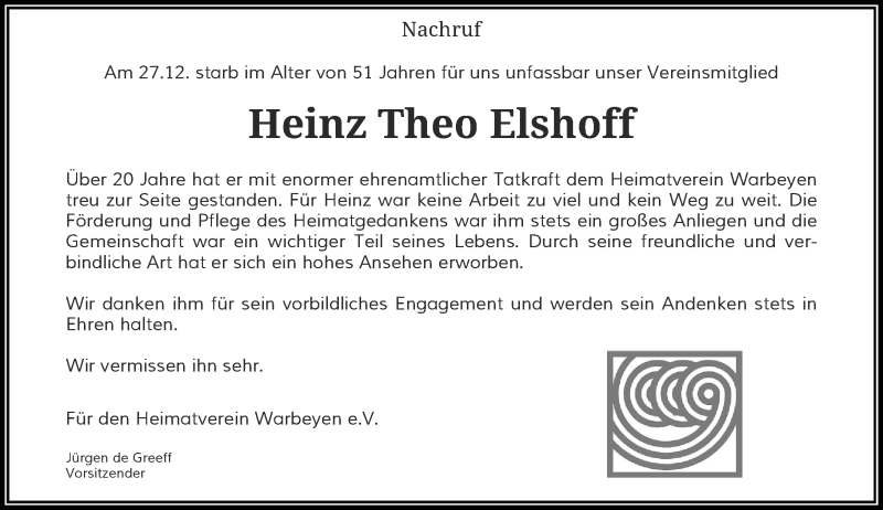  Traueranzeige für Heinz Theo Elshoff vom 13.01.2018 aus Rheinische Post