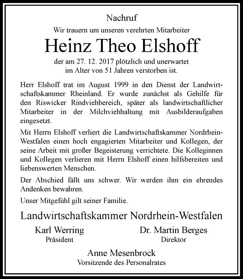  Traueranzeige für Heinz Theo Elshoff vom 10.01.2018 aus Rheinische Post