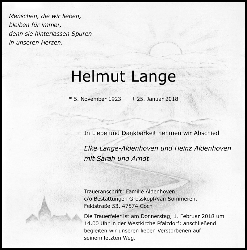  Traueranzeige für Helmut Lange vom 29.01.2018 aus Rheinische Post