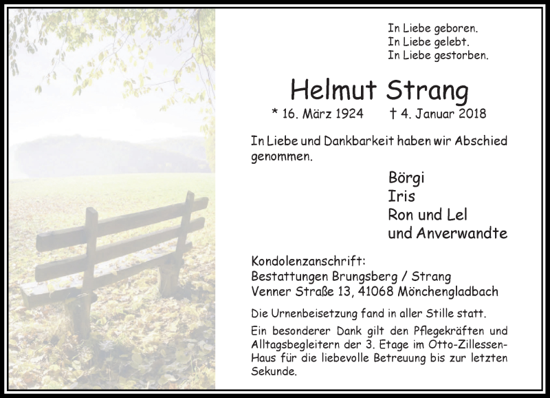  Traueranzeige für Helmut Strang vom 20.01.2018 aus Rheinische Post
