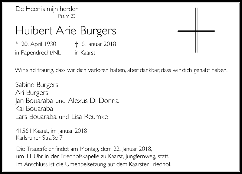  Traueranzeige für Huibert Arie Burgers vom 13.01.2018 aus Rheinische Post