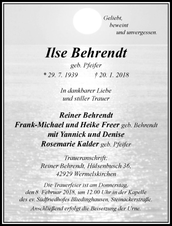 Traueranzeige von Ilse Behrendt von Rheinische Post