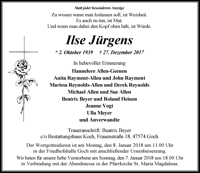  Traueranzeige für Ilse Jürgens vom 04.01.2018 aus Rheinische Post