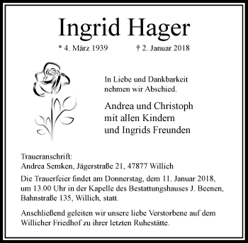 Traueranzeige von Ingrid Hager von Rheinische Post