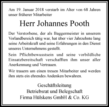 Traueranzeige von Johannes Pooth von Rheinische Post