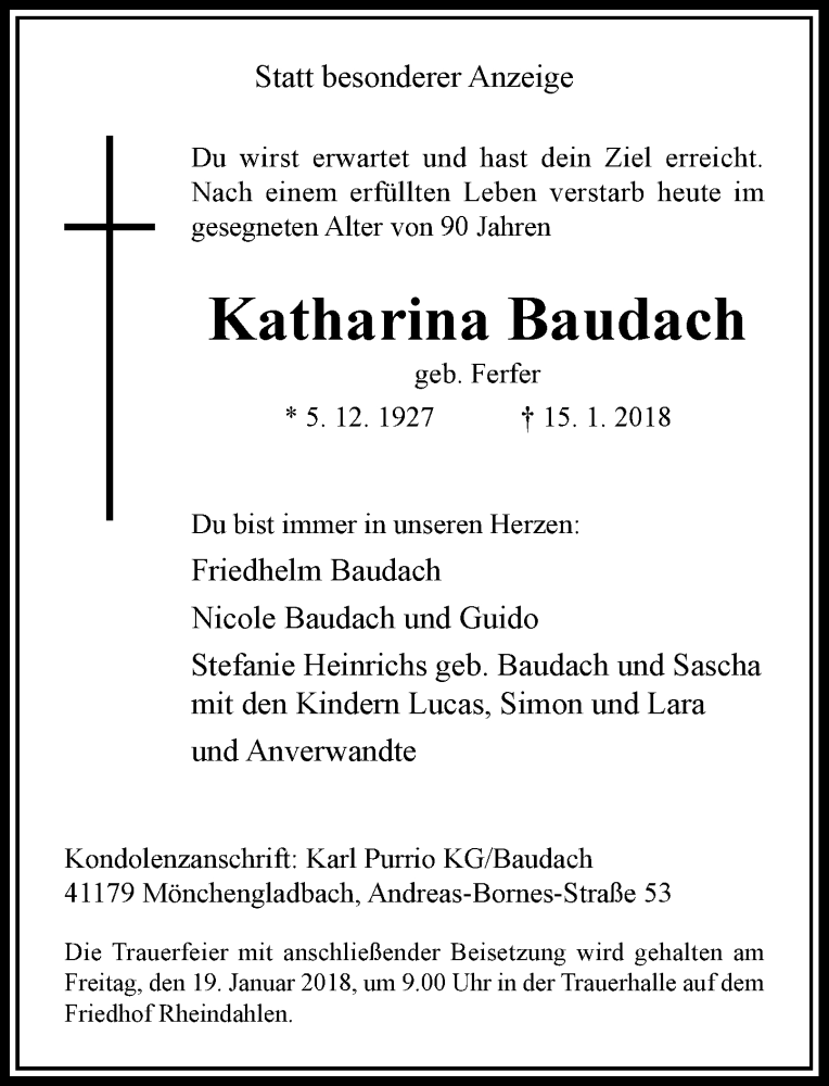  Traueranzeige für Katharina Baudach vom 18.01.2018 aus Rheinische Post