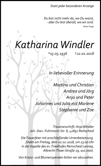 Traueranzeige von Katharina Windler von Rheinische Post