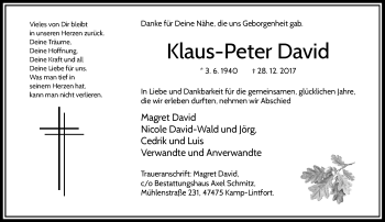 Traueranzeige von Klaus-Peter David von Rheinische Post