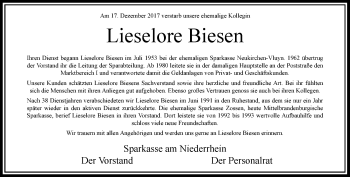 Traueranzeige von Lieselore Biesen von Rheinische Post