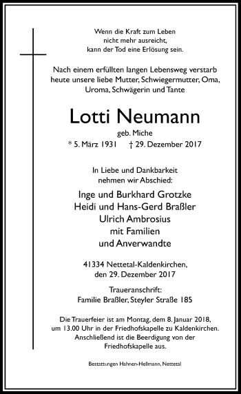 Traueranzeige von Lotti Neumann von Rheinische Post