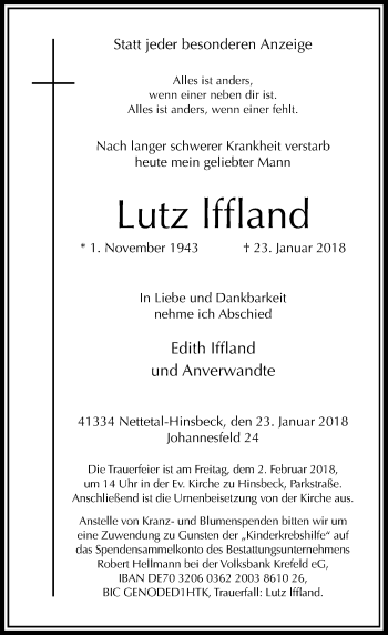 Traueranzeige von Lutz Iffland von Rheinische Post