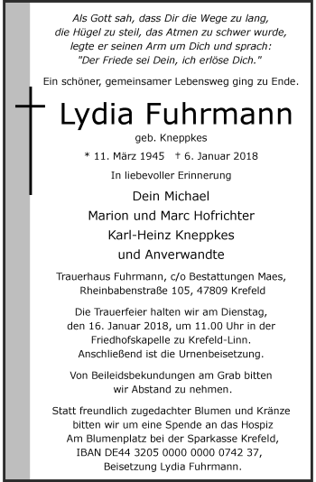 Traueranzeige von Lydia Fuhrmann von Rheinische Post