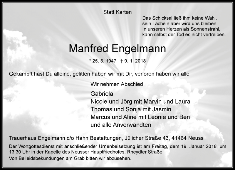  Traueranzeige für Manfred Engelmann vom 17.01.2018 aus Rheinische Post