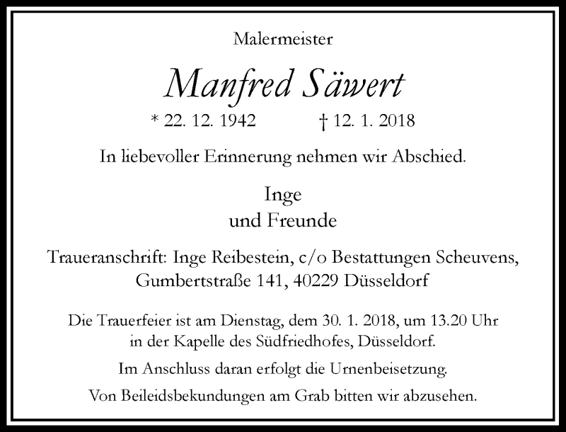  Traueranzeige für Manfred Säwert vom 20.01.2018 aus Rheinische Post
