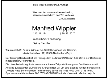 Traueranzeige von Manfred Wippler von Rheinische Post