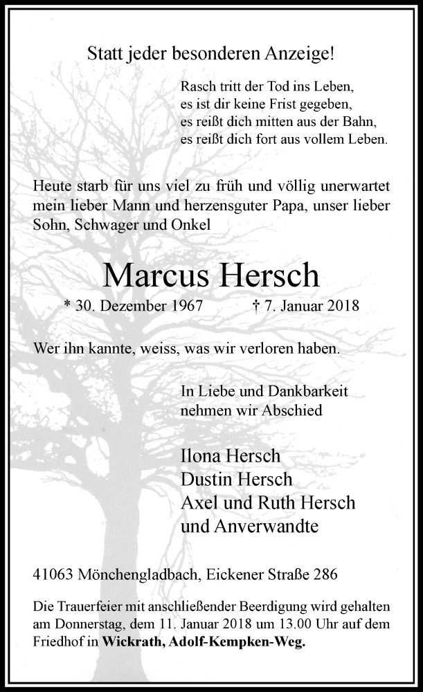  Traueranzeige für Marcus Hersch vom 09.01.2018 aus Rheinische Post