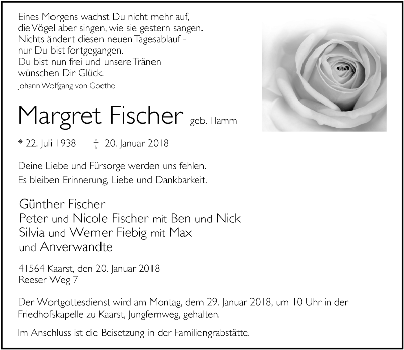  Traueranzeige für Margret Fischer vom 25.01.2018 aus Rheinische Post