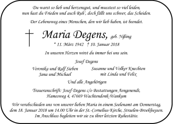 Traueranzeige von Maria Degens von Rheinische Post