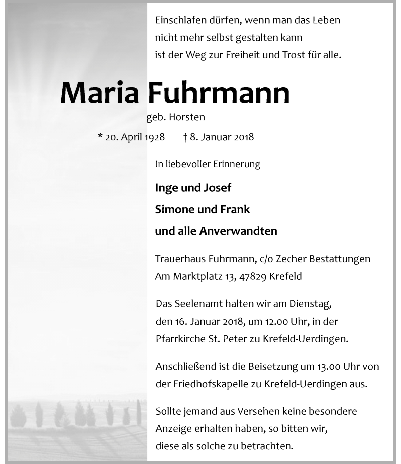  Traueranzeige für Maria Fuhrmann vom 13.01.2018 aus Rheinische Post