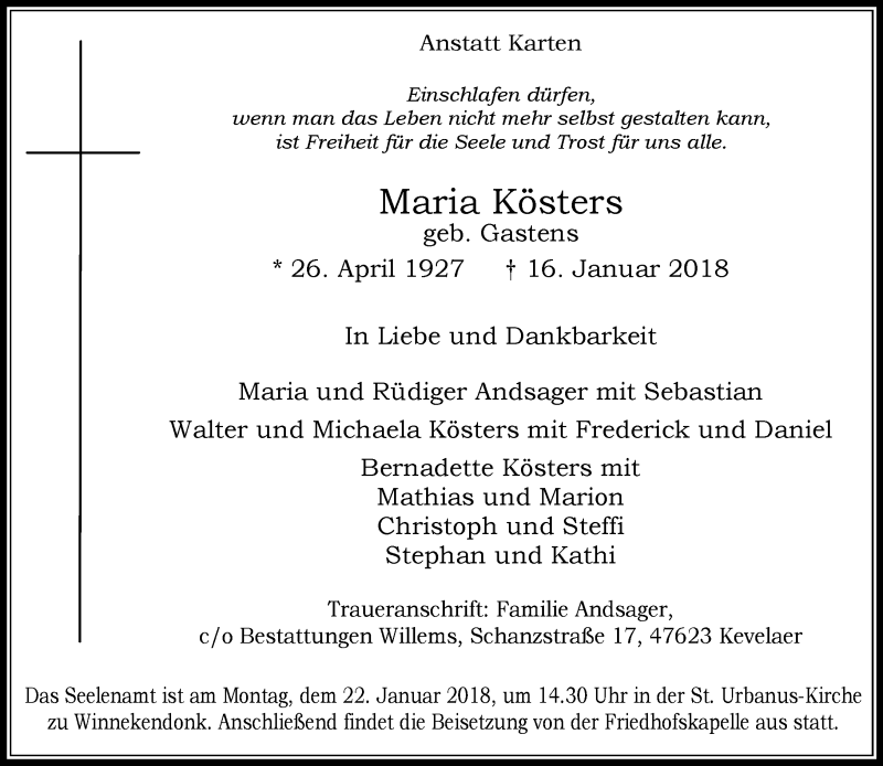 Alle Traueranzeigen für Maria Kösters | trauer.rp-online.de
