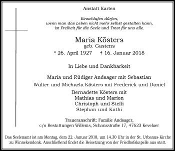 Traueranzeige von Maria Kösters von Rheinische Post