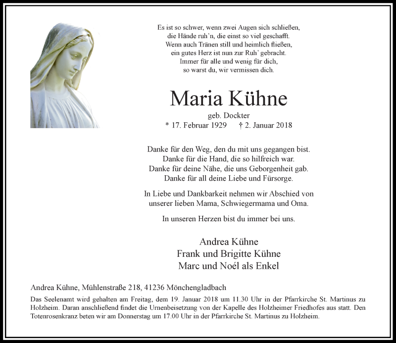  Traueranzeige für Maria Kühne vom 13.01.2018 aus Rheinische Post