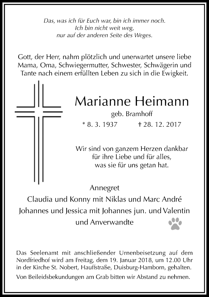  Traueranzeige für Marianne Heimann vom 13.01.2018 aus Rheinische Post