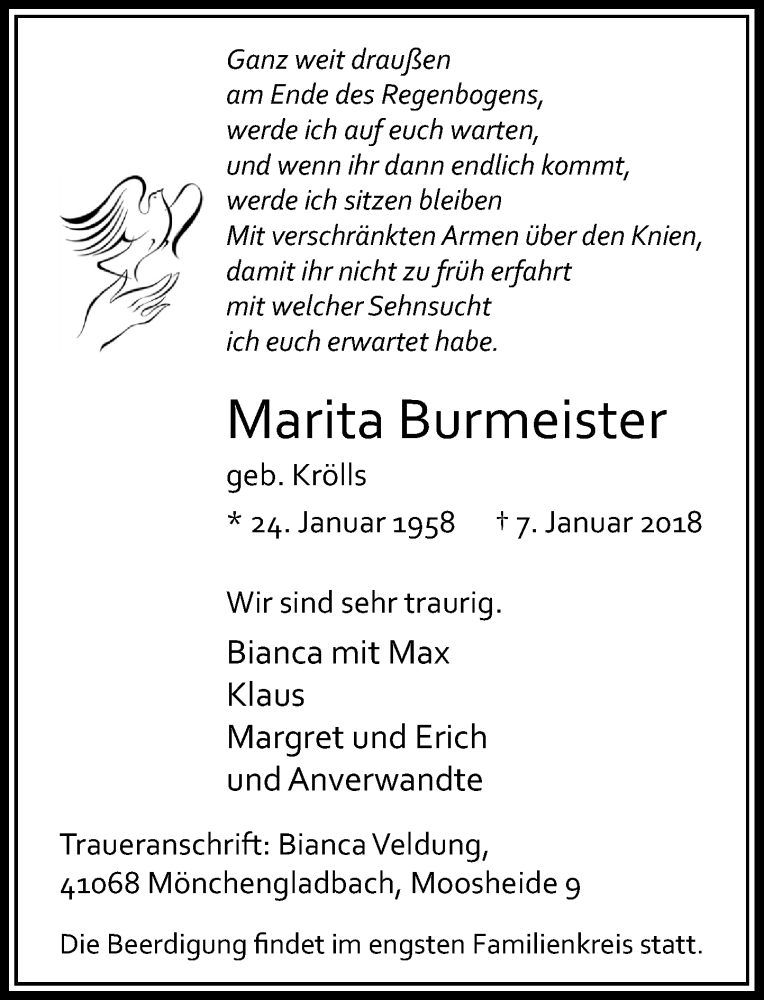  Traueranzeige für Marita Burmeister vom 13.01.2018 aus Rheinische Post