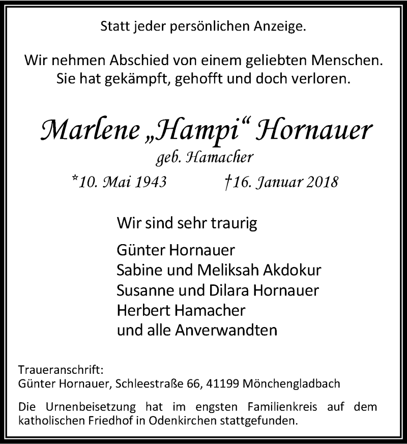  Traueranzeige für Marlene Hornauer vom 03.02.2018 aus Rheinische Post