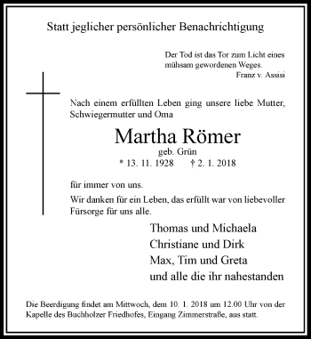Traueranzeige von Martha Römer von Rheinische Post