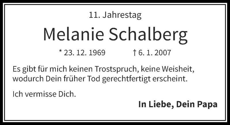  Traueranzeige für Melanie Schalberg vom 06.01.2018 aus Rheinische Post