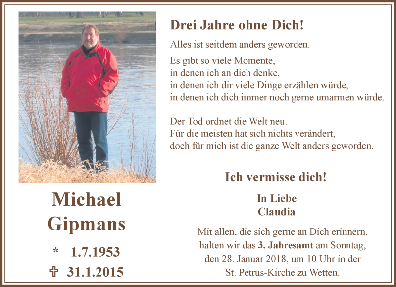  Traueranzeige für Michael Gipmans vom 20.01.2018 aus Rheinische Post