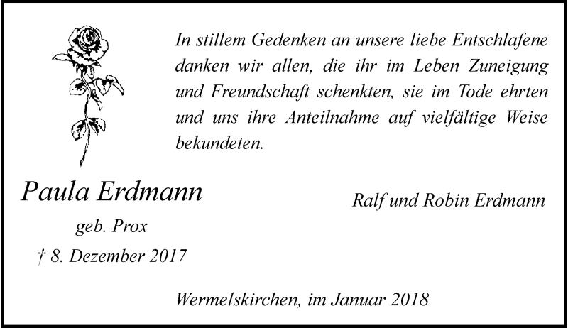  Traueranzeige für Paula Erdmann vom 13.01.2018 aus Rheinische Post