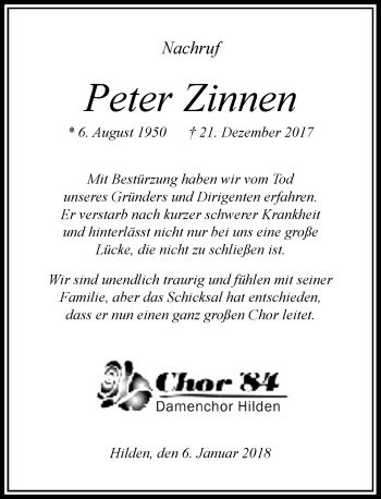 Traueranzeige von Peter Zinnen von Rheinische Post