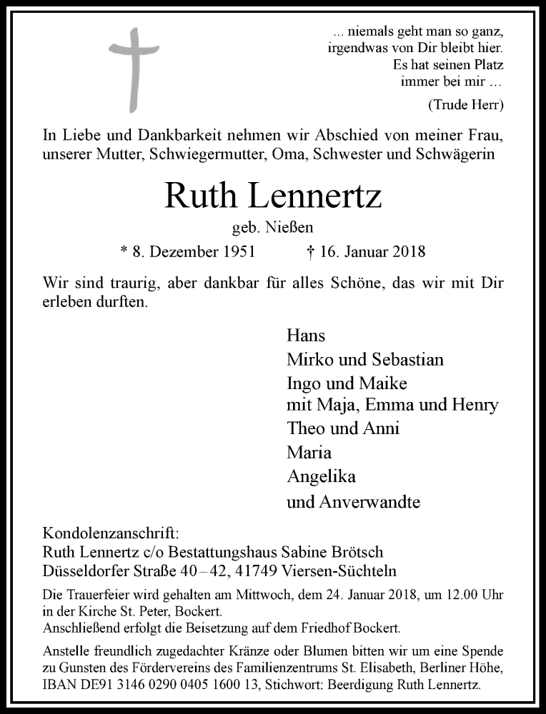  Traueranzeige für Ruth Lennertz vom 19.01.2018 aus Rheinische Post