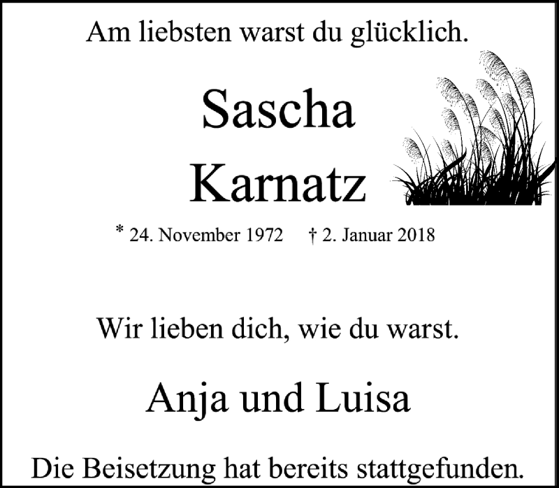  Traueranzeige für Sascha Karnatz vom 27.01.2018 aus Rheinische Post