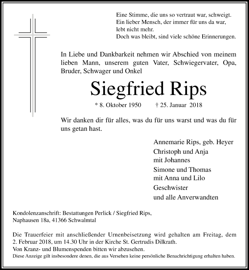  Traueranzeige für Siegfried Rips vom 27.01.2018 aus Rheinische Post