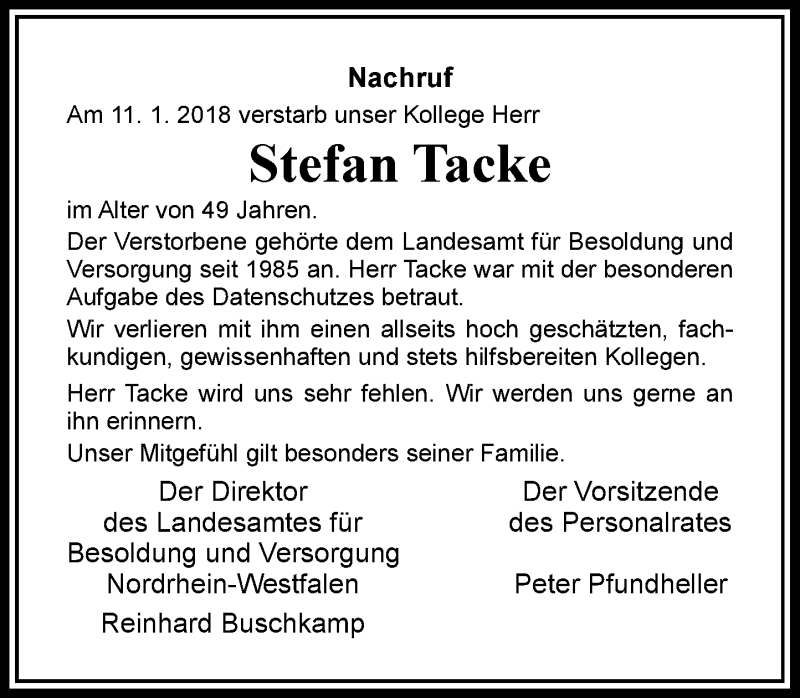  Traueranzeige für Stefan Tacke vom 27.01.2018 aus Rheinische Post