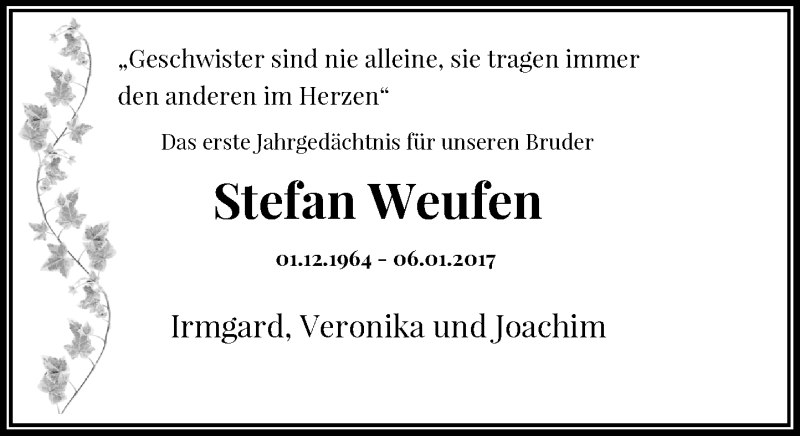  Traueranzeige für Stefan Weufen vom 06.01.2018 aus Rheinische Post