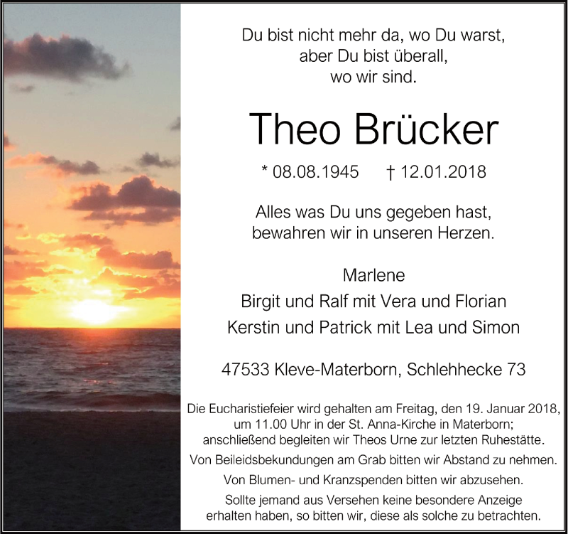  Traueranzeige für Theo Brücker vom 15.01.2018 aus Rheinische Post