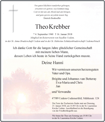 Traueranzeige von Theo Krebber von Rheinische Post