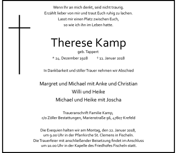 Traueranzeige von Therese Kamp von Rheinische Post