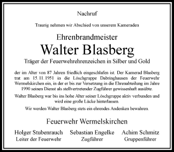 Traueranzeige von Walter Blasberg von Rheinische Post