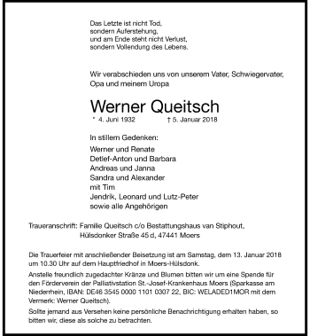 Traueranzeige von Werner Queitsch von Rheinische Post