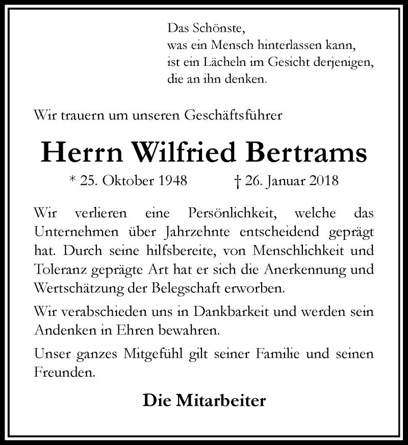  Traueranzeige für Wilfried Bertrams vom 31.01.2018 aus Rheinische Post