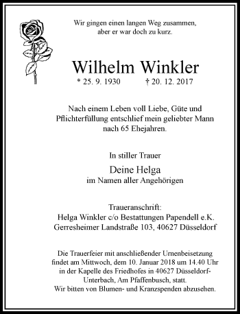Traueranzeige von Wilhelm Winkler von Rheinische Post