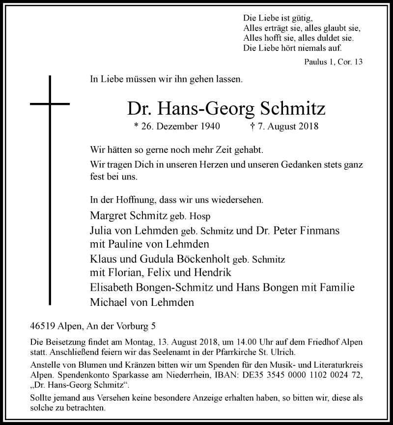  Traueranzeige für Hans-Georg Schmitz vom 10.08.2018 aus Rheinische Post