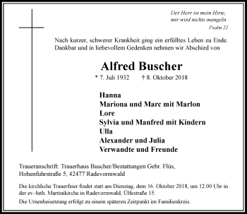 Traueranzeige von Alfred Buscher von Rheinische Post