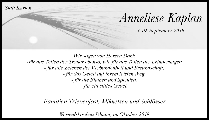  Traueranzeige für Anneliese Kaplan vom 13.10.2018 aus Rheinische Post