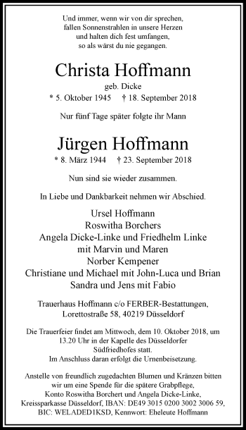 Traueranzeige von Christa und Jürgen Hoffmann von Rheinische Post